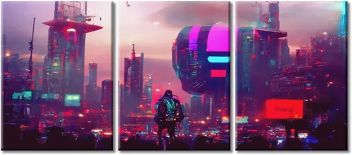 Vista 88 de Arte de pared de 3 piezas de escena de ciencia ficción de la calle comercial futurista paisaje urbano, decoración de pared para dormitorio