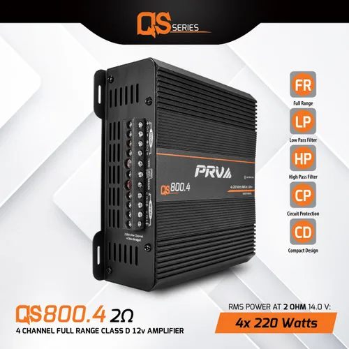 Vista 2 de PRV Audio QS800.4 Amplificador de audio para coche compacto de 4 canales de 2 ohmios 4 x 220 vatios RMS a 2 Ohm - 800 vatios Amp 12 voltios Amp