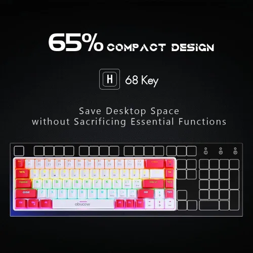 Vista 4 de abucow Teclado mecánico con cable 60% Diseño compacto de 68 teclas, anti-fantasma completo, interruptor marrón intercambiable, teclas rojas