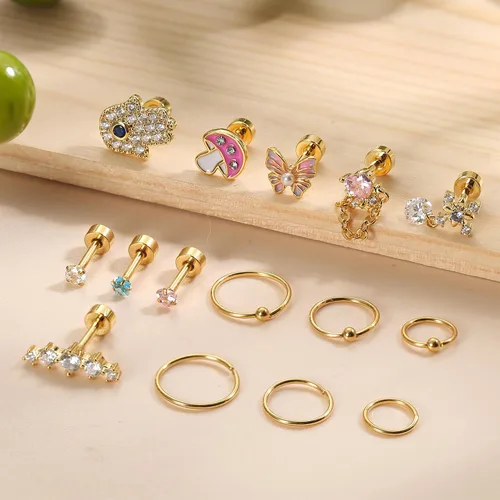Vista 6 de 15 Pcs Cartilage Earring Stud Set For Women Hypoallergetic 20G Helix Conch Hoop 16G Flat Back Stud Dangle Earrings Small Stainless Steel Screw Back