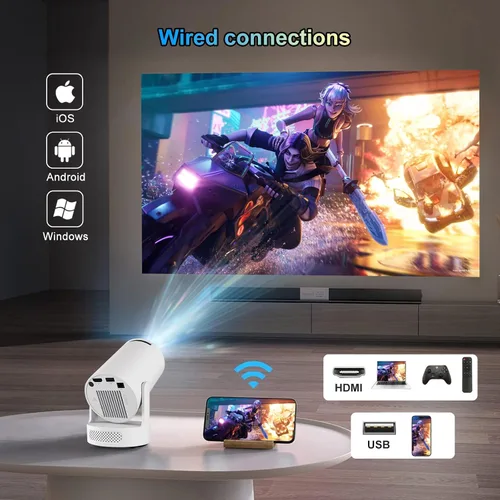 Vista 3 de Mini proyector 4K compatible con doble banda WIFI6 5G inalámbrico 5.4 Bluetooth Android 11, altavoz base de sonido, Keystone vertical automático