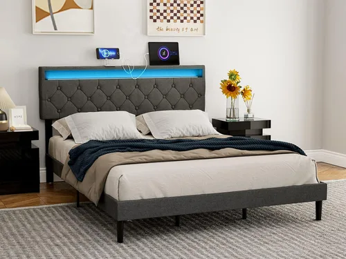 Vista 8 de IKIFLY Cabecera tapizada tamaño Queen con luces LED, puerto USB y tipo C 39.4"-43.3" Adjustable Height, Button Tufted Linen Fabric Padded Queen