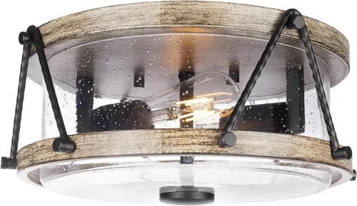 Vista 10 de Luminarias Rústicas de Techo Empotrado, Iluminación de Techo Empotrada Estilo Granja con Veta de Madera, Iluminación con Jaula de Metal y Vidrio