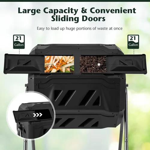 Vista 4 de Goplus Contenedor de compostaje de doble cámara para exteriores de 42 galones con 2 puertas corredizas, marco de metal resistente, compostador Negro