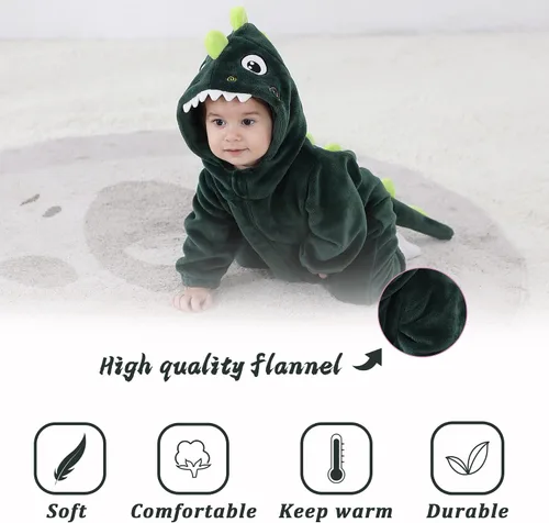 Vista 4 de TONWHAR Disfraz de Halloween para bebés y niños pequeños, traje de nieve de animales (12-18 mesesaltura 74 a 31.1 in, dinosaurio verde oscuro)