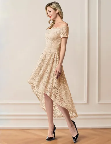 Vista 2 de Dressystar - Vestido de cóctel de encaje para mujer, vestido asimétrico con vuelo y hombros descubiertos para fiesta y evento formal
