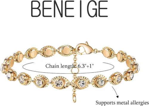 Vista 5 de BENEIGE - Pulsera para mujer, chapada en oro de 14 quilates, cuentas de satélite, perlas ovaladas, cadena con dijes en capas, hecha a mano