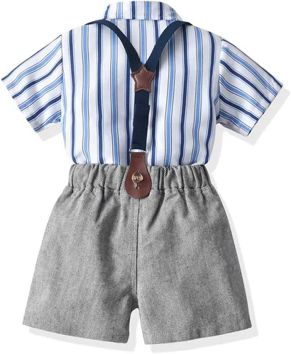 Vista 3 de JMOORY Conjunto de ropa para bebé y niño, manga corta, con lazo y tirantes cortos para caballero