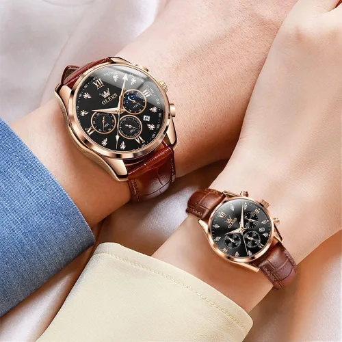 Vista 3 de OLEVS Juego de 2 relojes de cuarzo para parejas de San Valentín, para él y ella, cronógrafo de cuero, con diamantes para hombres, mujeres, amantes
