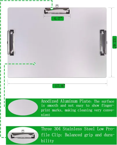 Vista 2 de Portapapeles de paisaje de tres clips, tablero de clip de metal con soporte para bolígrafo, portapapeles de aluminio de 11 x 17 pulgadas, tablero
