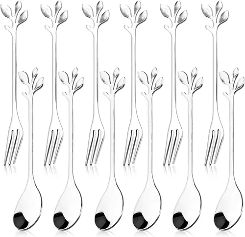 Vista 8 de Juego de 12 cucharas de café de acero inoxidable con hojas doradas y tenedores de frutas para tartas, accesorios de cocina, fiesta de boda