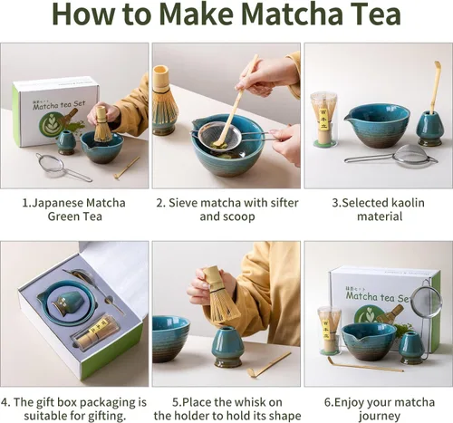 Vista 2 de Juego tradicional de ceremonia de té Matcha con cuenco de cerámica, batidor de bambú, soporte y colador, 5 piezas (azul)