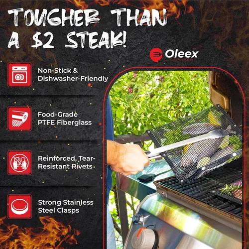 Vista 3 de Oleex - Bolsas antiadherentes grandes para barbacoa + cepillo para untar, malla de PTFE reutilizable para interiores y exteriores, accesorios