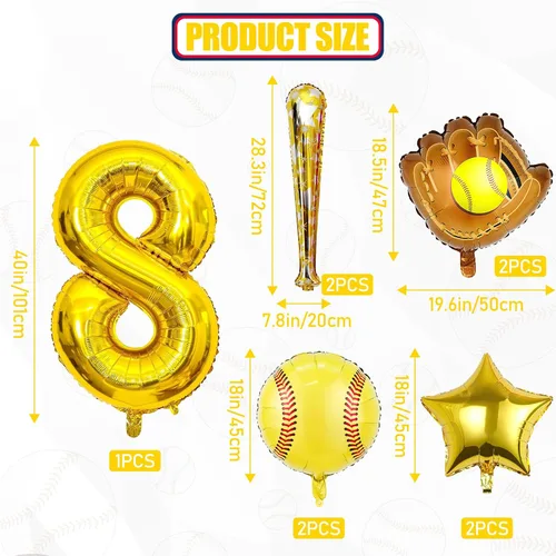 Vista 2 de 9 globos de sóftbol – Globos de papel de aluminio Mylar con número de cumpleaños de sóftbol – Suministros y decoraciones para fiestas (8vo)
