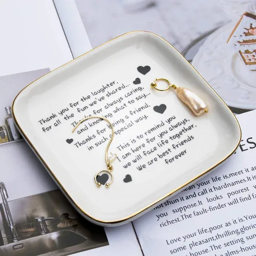 Vista 2 de Plato para anillos o abalorios con citas de amistad para mujer ideal como regalo único de cumpleaños o jubilación para mujeres.