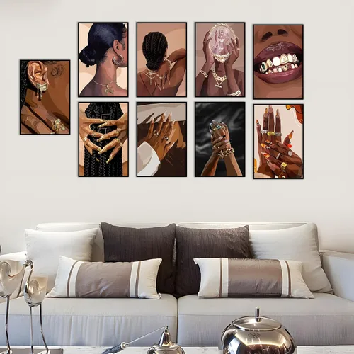 Vista 5 de VejiA Impresión artística femenina negra, pintura de pared de estilo bohemio, pintura decorativa abstracta de mujer afroamericana, adecuada
