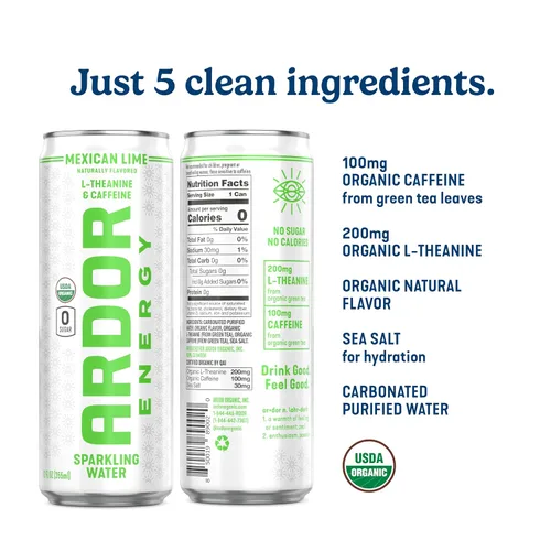 Vista 2 de ARDOR ENERGY - Agua con gas con 100 mg de cafeína natural y 200 mg de L-teanina de té verde orgánico para una energía suave y concentración, bebida