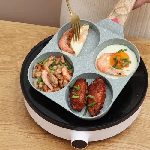 Vista 2 de Sartén para huevos, 4 tazas antiadherentes, sartén para panqueques de aleación de aluminio para desayuno, sartén para huevos con mango suave