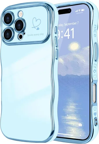 Vista 22 de LCHULLE - Funda para iPhone Air, linda para mujeres y niñas, con forma de onda, color azul bebé Luxury Plating Curly Wavy Frame with Love Heart