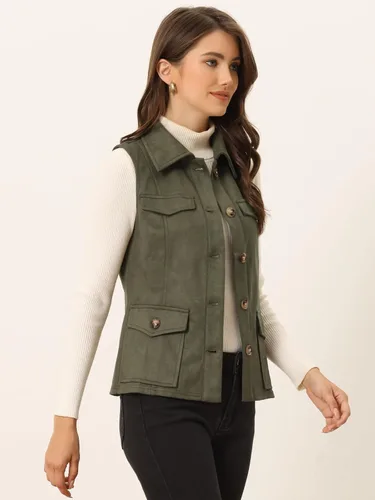 Vista 3 de Allegra K Chaleco de Gamuza Sintética Utilitario para Mujer con Botones sin Mangas con Bolsillo Cargo Verde militar