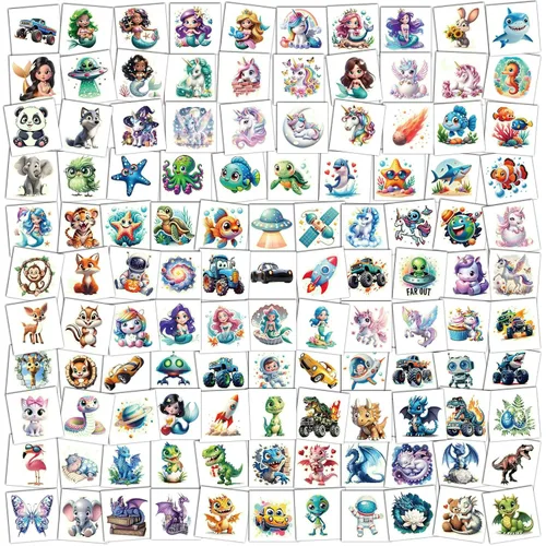 Vista 2 de Tatuajes temporales 3D que brillan en la oscuridad para niños, 117 unicornios, sirena, camión, dinosaurio, caricatura, animales, tatuajes falsos