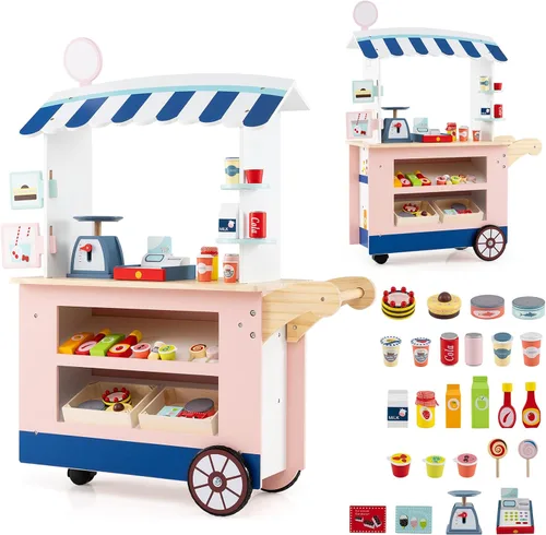 Vista 16 de Costzon Juego de tienda de comestibles para niños, juego de soporte de mercado de simulación para niños pequeños con juguete de juego de 30 piezas