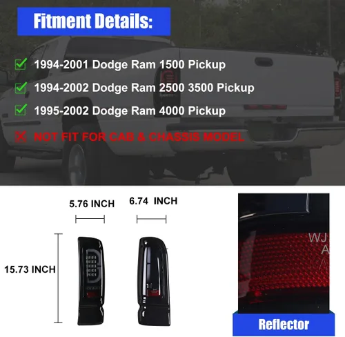 Vista 3 de Nixon Offroad Conjunto de luces traseras LED para Dodge Ram 1500/1994-2002 Dodge Ram 2500/3500 1994-2002, par de luces traseras LED para Dodge Ram