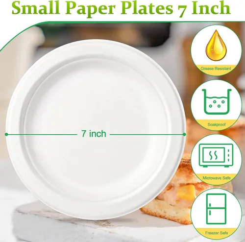 Vista 2 de Platos de papel pequeños, paquete de 200 platos de papel de 7 pulgadas, platos desechables para pastel de postre, platos 100% compostables hechos