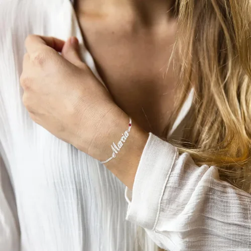 Vista 2 de Pulsera personalizada con nombre o tobillera con piedra natal de circonita cúbica de plata de ley 92510K14K18K con nombres personalizados