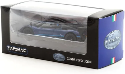 Vista 3 de Pagani Zonda Revolucion Azul Metálico y Negro con Rayas Azul Claro Global64 Serie 1/64 Modelo de Auto Fundido a Presión por Tarmac Works