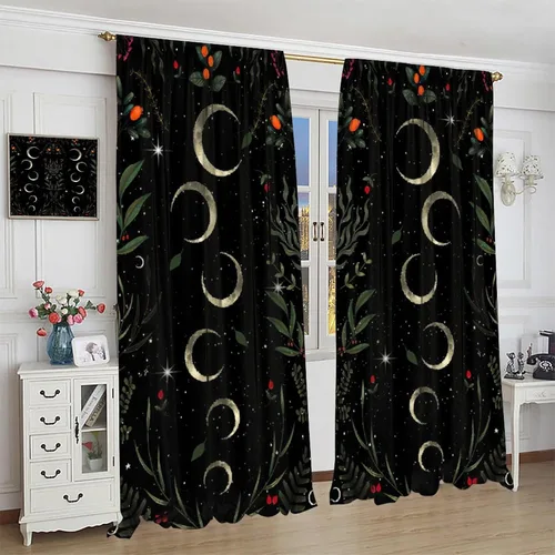 Vista 4 de Cortinas retro de luna, bosque mágico con hojas iluminadas por la luna, cortinas de plantas, diseño gótico floral de cielo estrellado para ventana