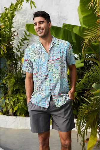 Vista 4 de Camisa hawaiana para hombre, con estampado floral, cómoda, con botones, casual, manga corta, ropa de playa para hombre