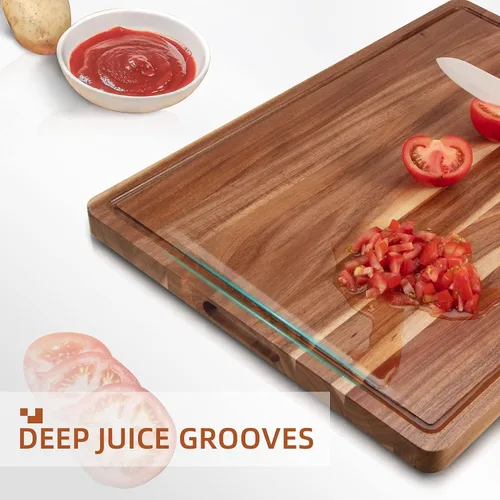 Vista 4 de Tabla de cortar de madera para cocina, tabla de cortar grande de 24 x 18 pulgadas con ranura para jugo y mango lateral, tabla de cortar, bloque