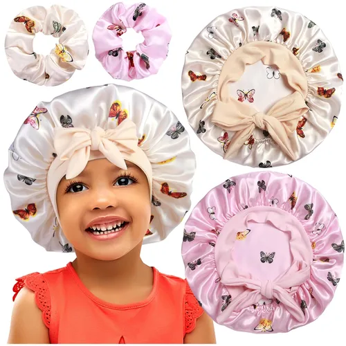 Vista 11 de 2+2 gorros de satén con coleteros para niños, bonitos gorros de pelo para niñas para dormir cabello rizado, A