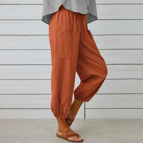 Vista 2 de Pantalones holgados de cintura alta para mujer, pantalones capri con cordón y bolsillos, pierna ancha, pantalones recortados al tobillo para mujer