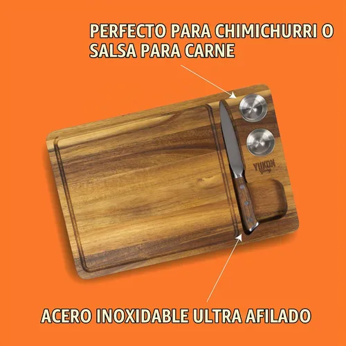 Vista 3 de Yukon Glory Juego de tablas para carne, madera de acacia, tazas de salsa