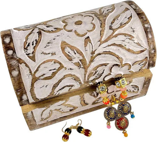 Vista 4 de Joyero de madera semicircular curvada blanca floral de alta calidad diseñador-caja de baratijas para damas-joyería-aspecto antiguo-caja de recuerdo