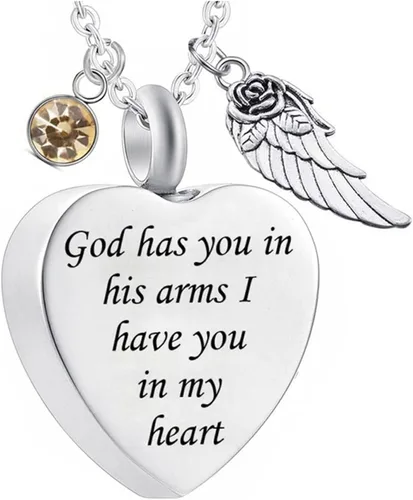 Vista 21 de Dios te tiene en sus brazos con dije de ala de ángel para cenizas de cremación, collar de urna conmemorativa con cristal de piedra natal Abril