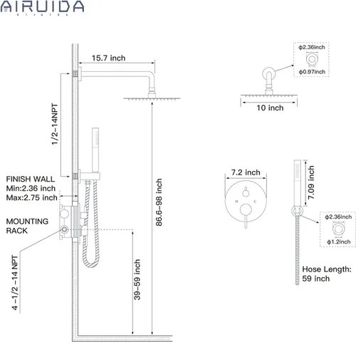Vista 9 de Airuida - Juego de grifo de ducha, juego de grifo de bañera con cabezal de ducha de lluvia de 10 pulgadas y válvula, sistema de ducha de 2 funciones