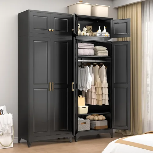 Vista 12 de Gabinete de Pared de Metal de 81 cm con 2 Puertas, Gabinetes Colgantes Negros con Manija, Gabinetes de Vestir de Metal, Armario Vestidor Clóset
