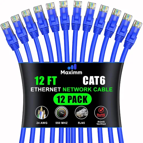 Vista 20 de Maximm Cable Ethernet Cat6 de 7 pies, 10 Gbps 550 MHz, negro, paquete de 12