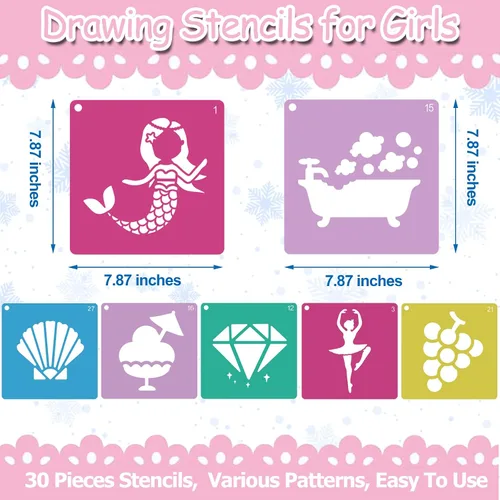 Vista 2 de LanMa 30 plantillas de dibujo para niños y niñas, plantillas coloridas de pintura de plástico de 8 x 8 pulgadas, tiza para acera