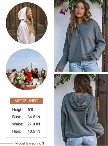 Vista 5 de Dokotoo Sudaderas con capucha para mujer, moda, otoño, cuello en V, botones, manga larga