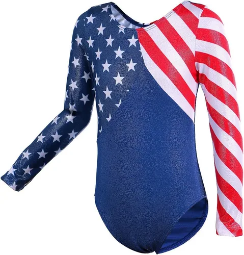 Vista 2 de BAOHULU Leotardos de gimnasia para niñas, ropa de baile patriótica de manga larga con purpurina y pantalones cortos a juego