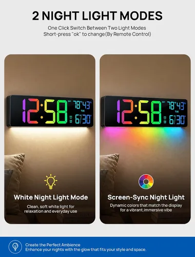 Vista 5 de RGB Large Digital Wall Clock, 15.7" Digital Clock Large Display with Remote LED Alarm Clocks with Night Light, DST, Date, Temperature for Living