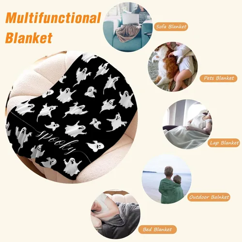Vista 5 de YeeJu Manta de Halloween pequeña de fantasma espeluznante negro, manta de Halloween para bebé, manta acogedora suave y ligera de felpa de forro