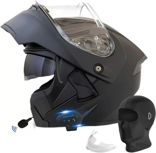 Vista 8 de Casco modular Bluetooth para motocicleta, aprobado por DOT, de cara completa con visor abatible, de doble visera, con altavoces duales y micrófono