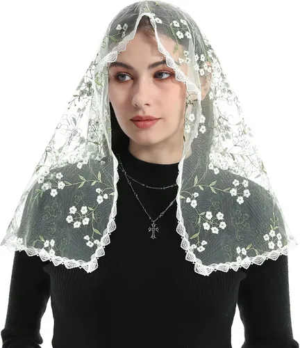 Vista 2 de Mantveil Velo católico de Mantilla de la Iglesia Capilla con forma de triángulo, cubierta de cabeza de encaje, velo de oración de misa española