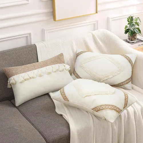 Vista 6 de Merrycolor Juego de 2 fundas de almohada lumbar de lino con retazos bohemios de 12 x 20 pulgadas, fundas de almohada de lino de arpillera de granja