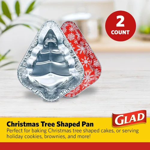 Vista 2 de Glad Holiday Edition Moldes de Aluminio para Hornear con Forma de Árbol de Navidad con Patrón de Copos de Nieve Rojos y Blancos, Moldes Desechables